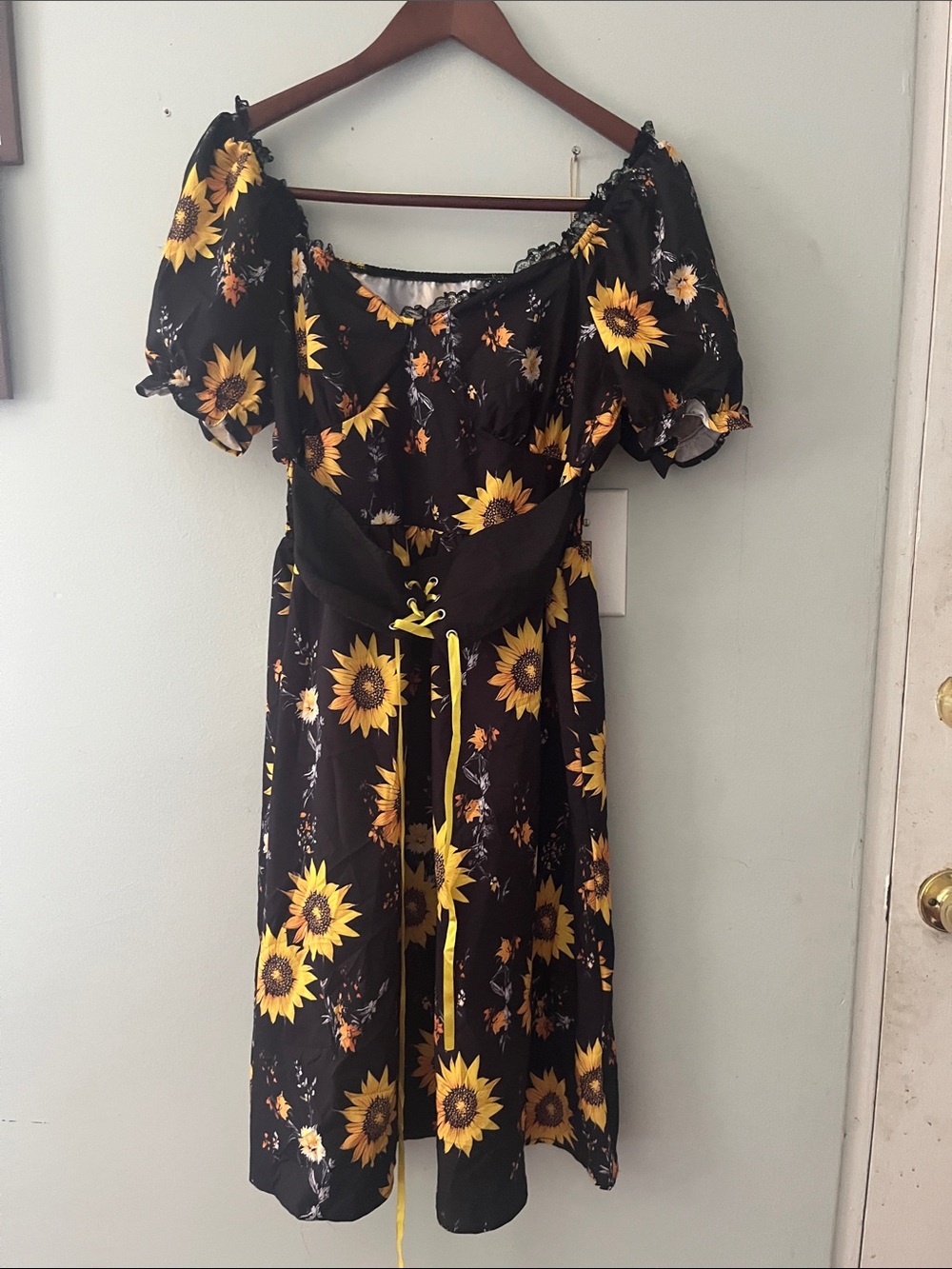 Sunflower Off-Shoulder Midi Dress with Corset Tie